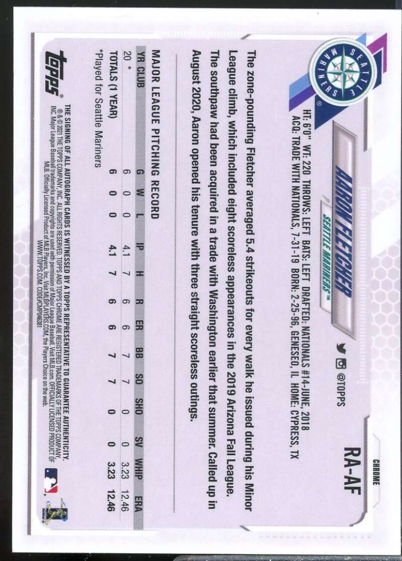 Aaron Fletcher Card 2021 Topps Chrome Rookie Autographs #RAAF  Image 2