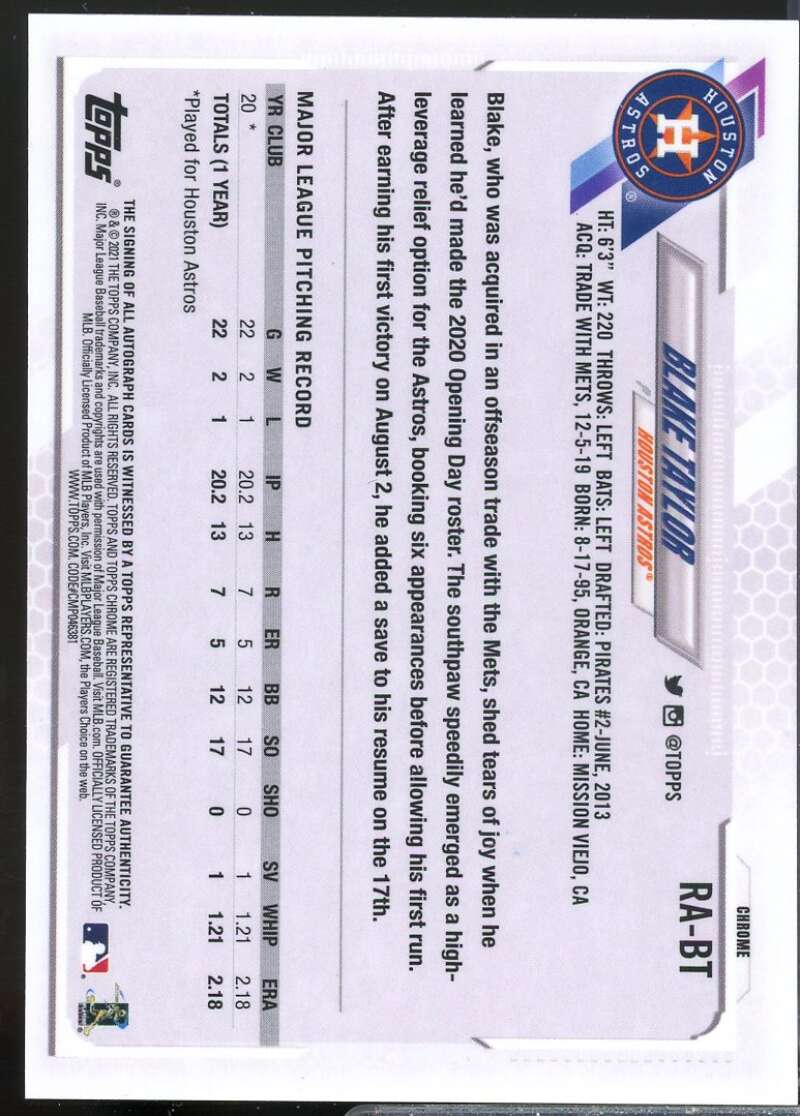 Blake Taylor Card 2021 Topps Chrome Rookie Autographs #RABT  Image 2