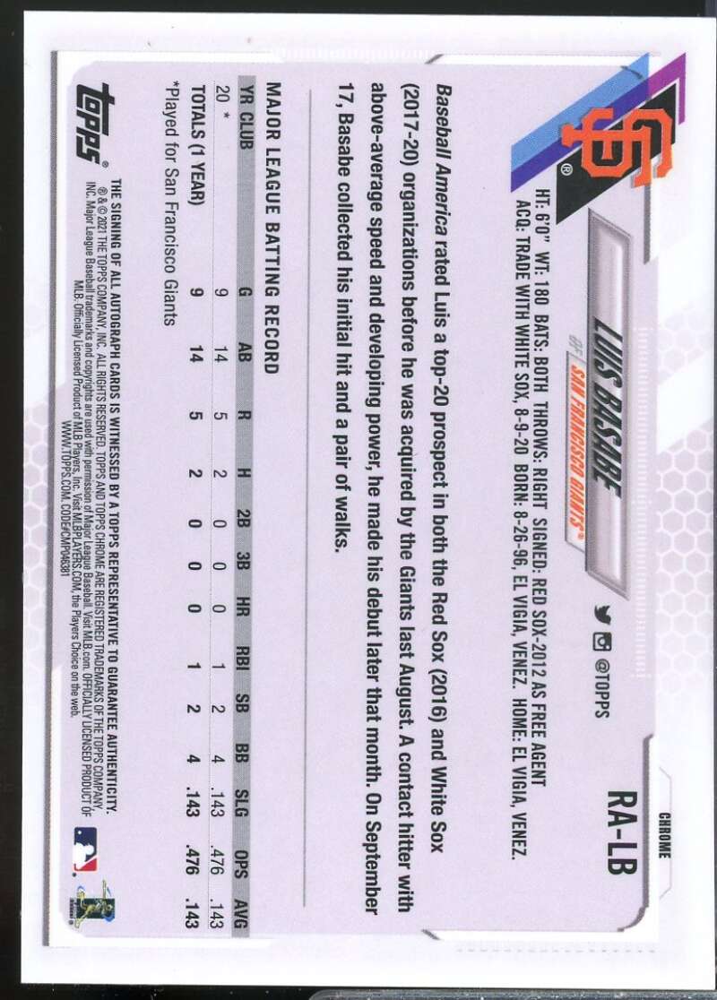 Luis Basabe Card 2021 Topps Chrome Rookie Autographs #RALB  Image 2