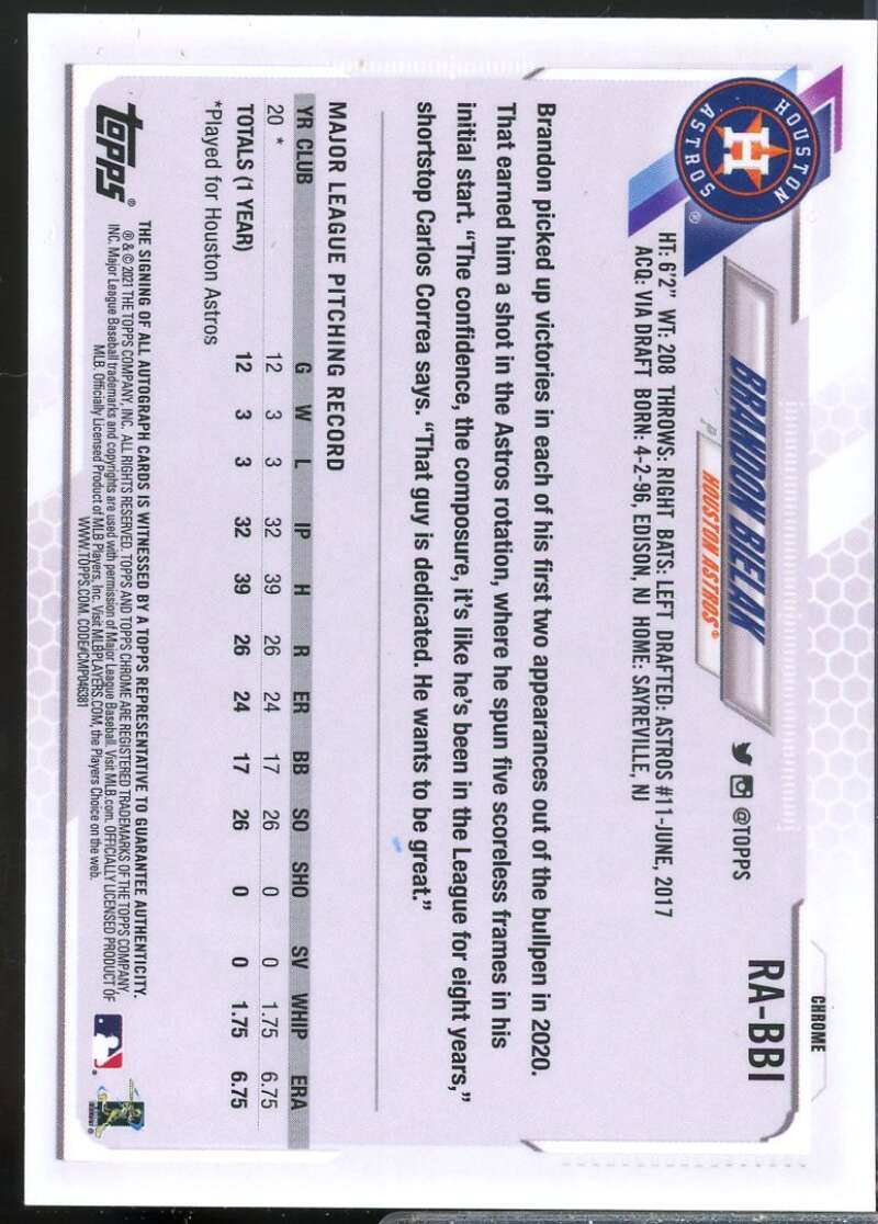 Brandon Bielak Card 2021 Topps Chrome Rookie Autographs #RABBI  Image 2