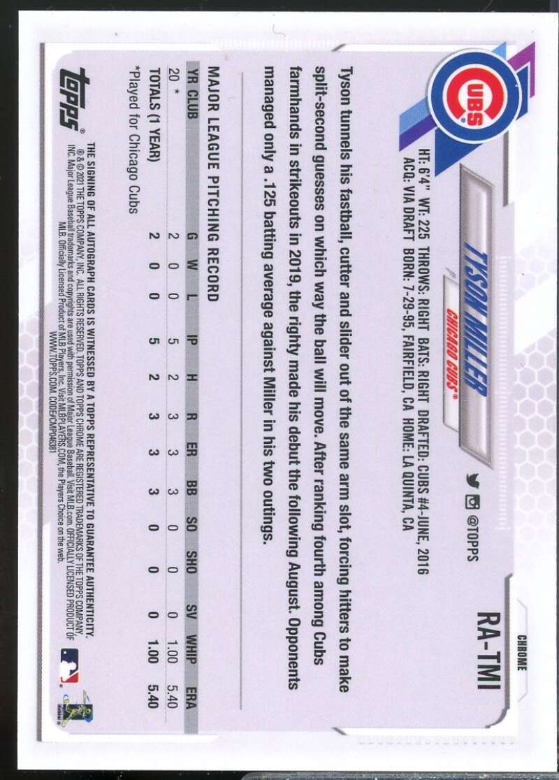 Tyson Miller Card 2021 Topps Chrome Rookie Autographs #RATMI  Image 2