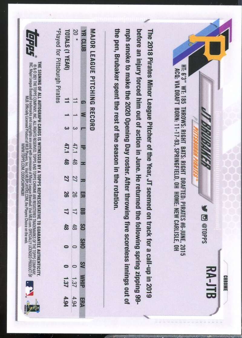 JT Brubaker Card 2021 Topps Chrome Rookie Autographs #RAJTB  Image 2