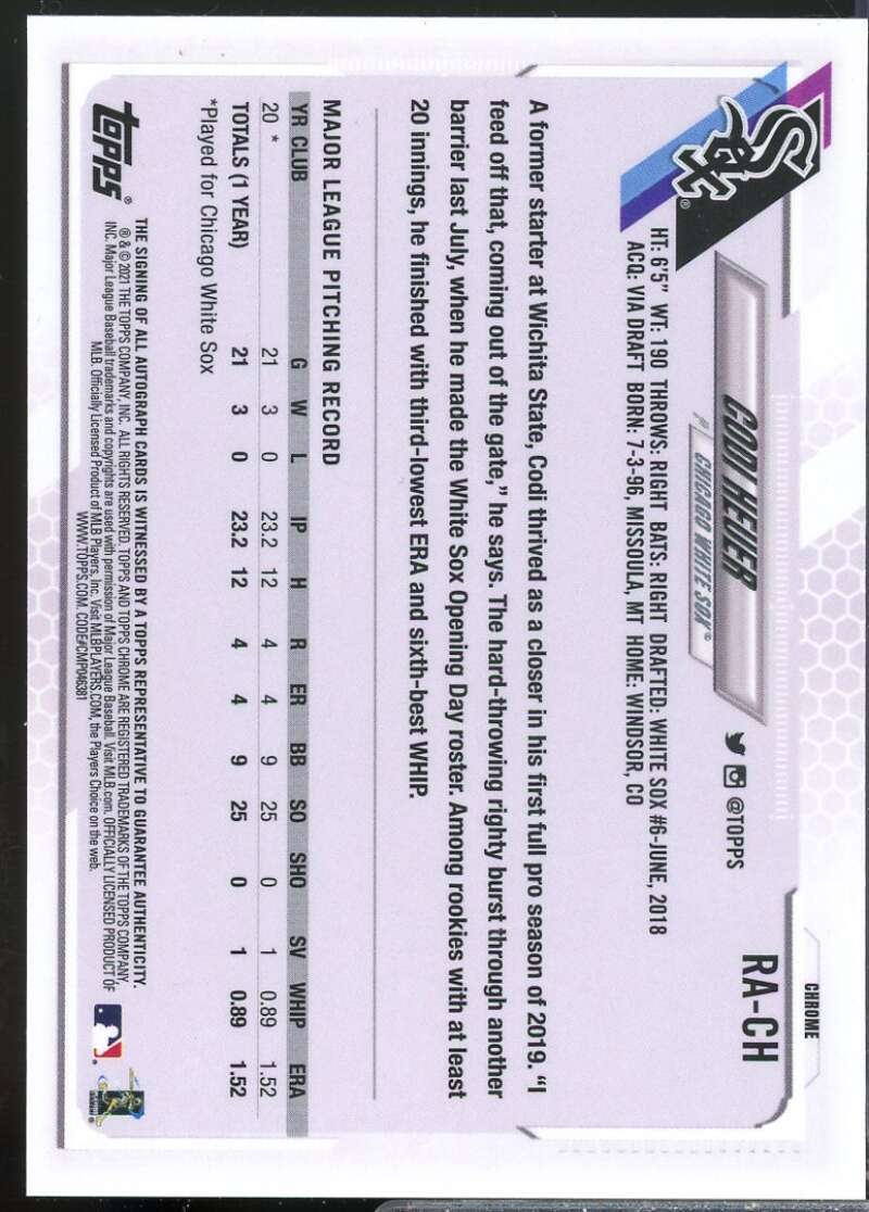 Codi Heuer Card 2021 Topps Chrome Rookie Autographs #RACH  Image 2