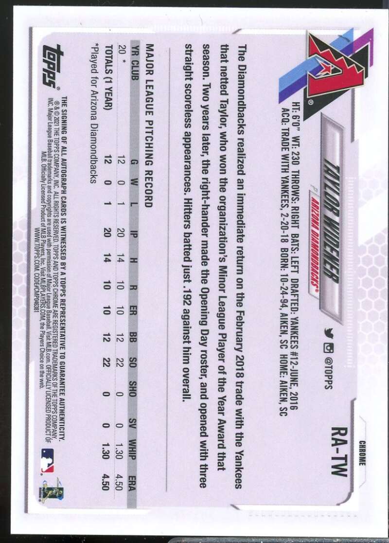 Taylor Widener Card 2021 Topps Chrome Rookie Autographs #RATW  Image 2