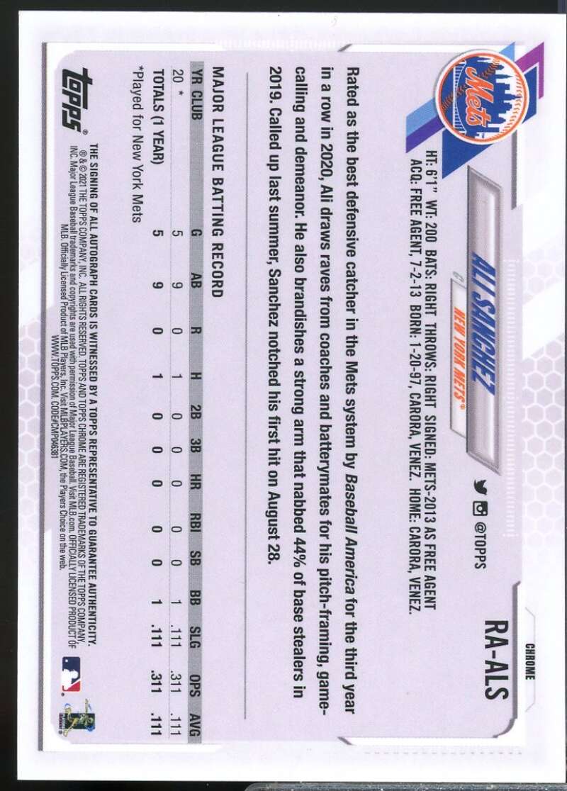 Ali Sanchez Card 2021 Topps Chrome Rookie Autographs #RAALS  Image 2