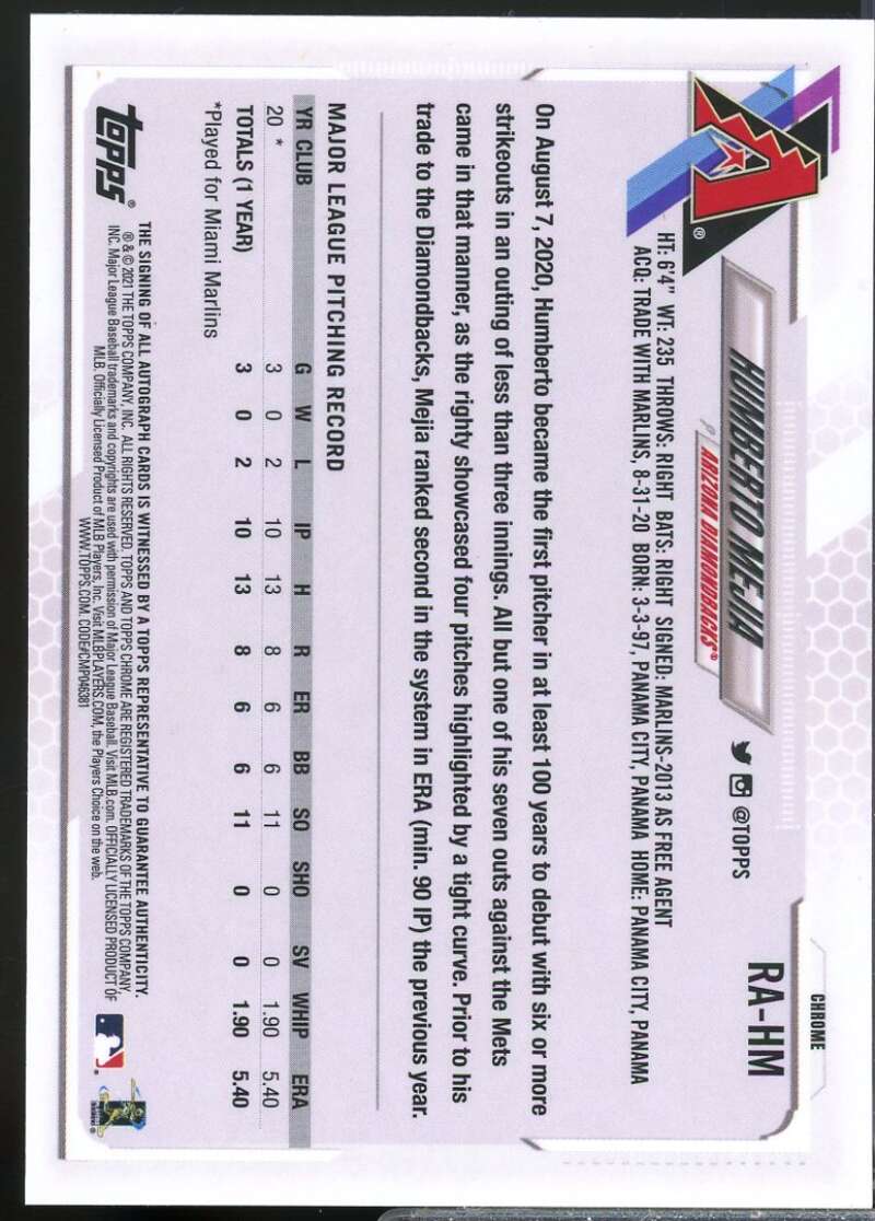 Humberto Mejia Card 2021 Topps Chrome Rookie Autographs #RAHM  Image 2