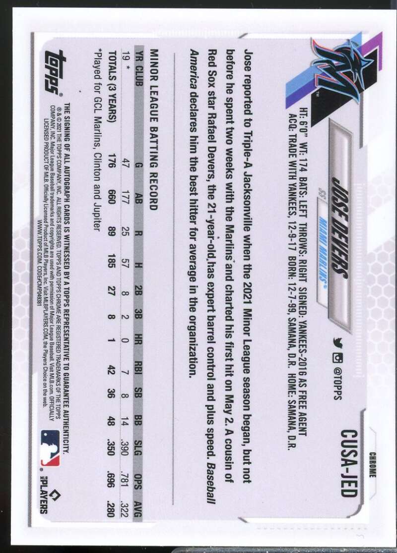 Jose Devers Card 2021 Topps Chrome Update Autographs #CUSAJED  Image 2