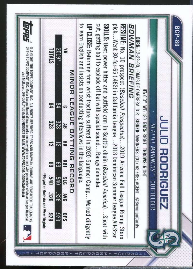 Julio Rodriguez Card 2021 Bowman Chrome Prospects #BCP86  Image 2