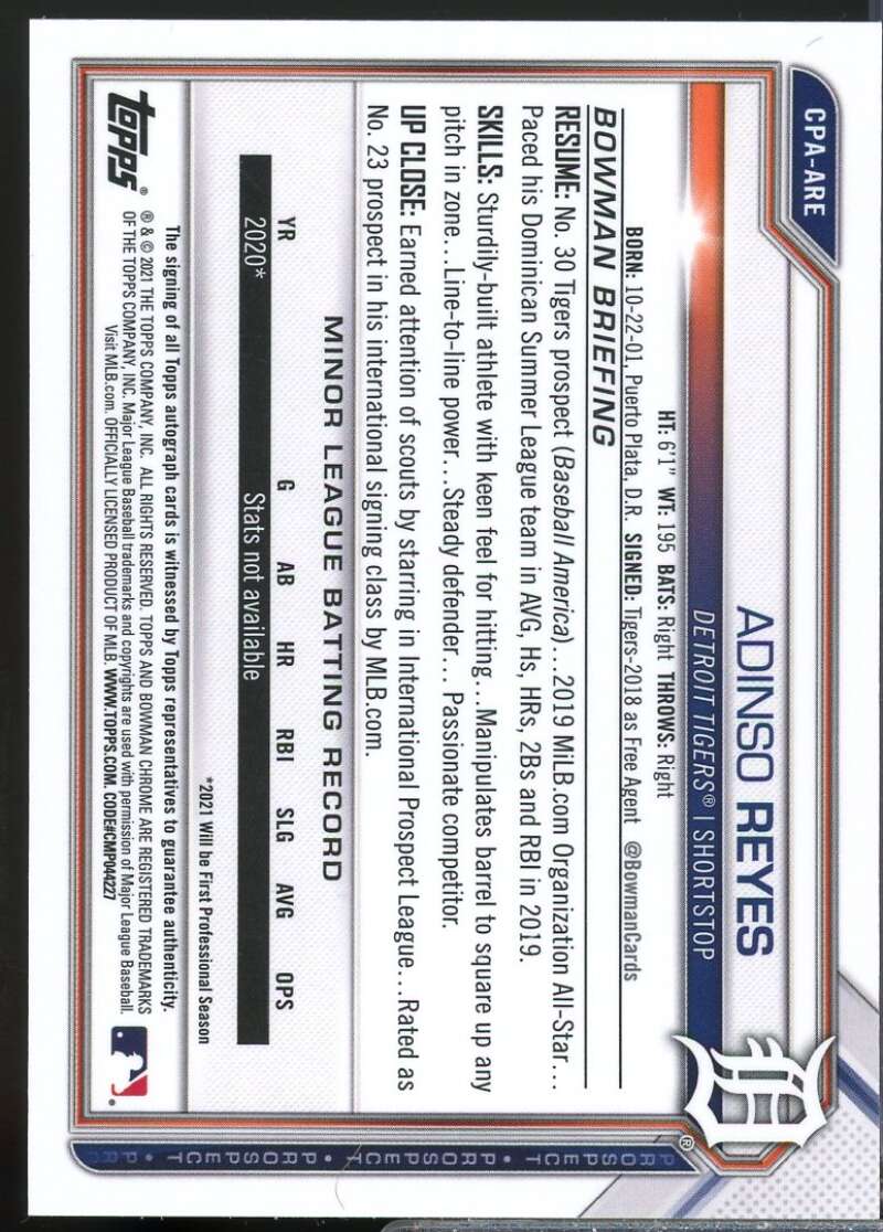 Adinso Reyes Card 2021 Bowman Chrome Prospect Autographs #CPAARE  Image 2