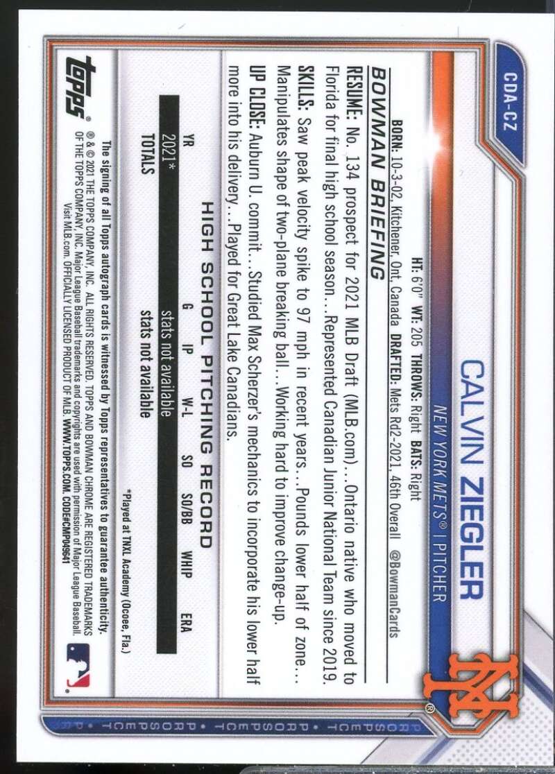 Calvin Ziegler Card 2021 Bowman Chrome Draft Autographs #CDACZ  Image 2