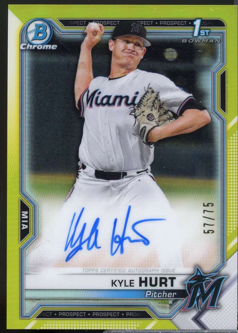 Kyle Hurt Card 2021 Bowman Chrome Prospect Autographs Yellow Refractors #CPAKHU  Image 1