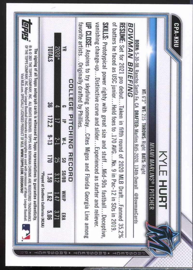 Kyle Hurt Card 2021 Bowman Chrome Prospect Autographs Yellow Refractors #CPAKHU  Image 2