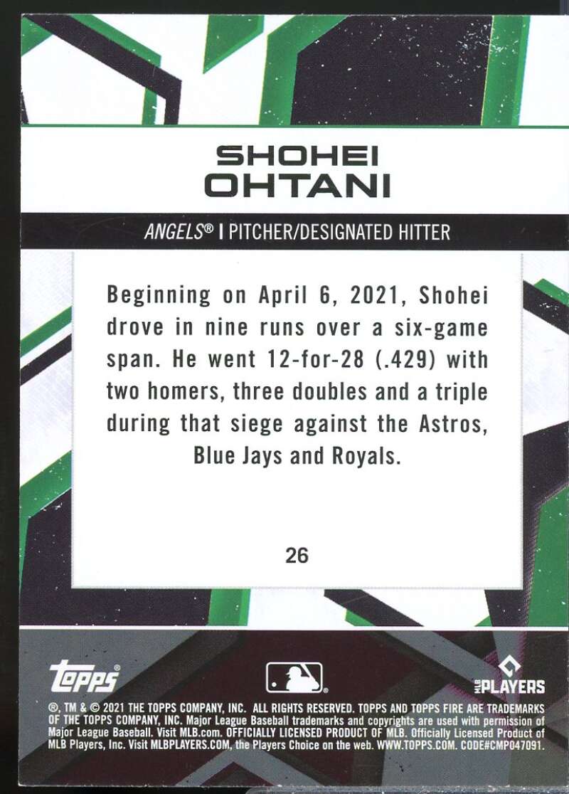 Shohei Ohtani Card 2021 Topps Fire #26  Image 2