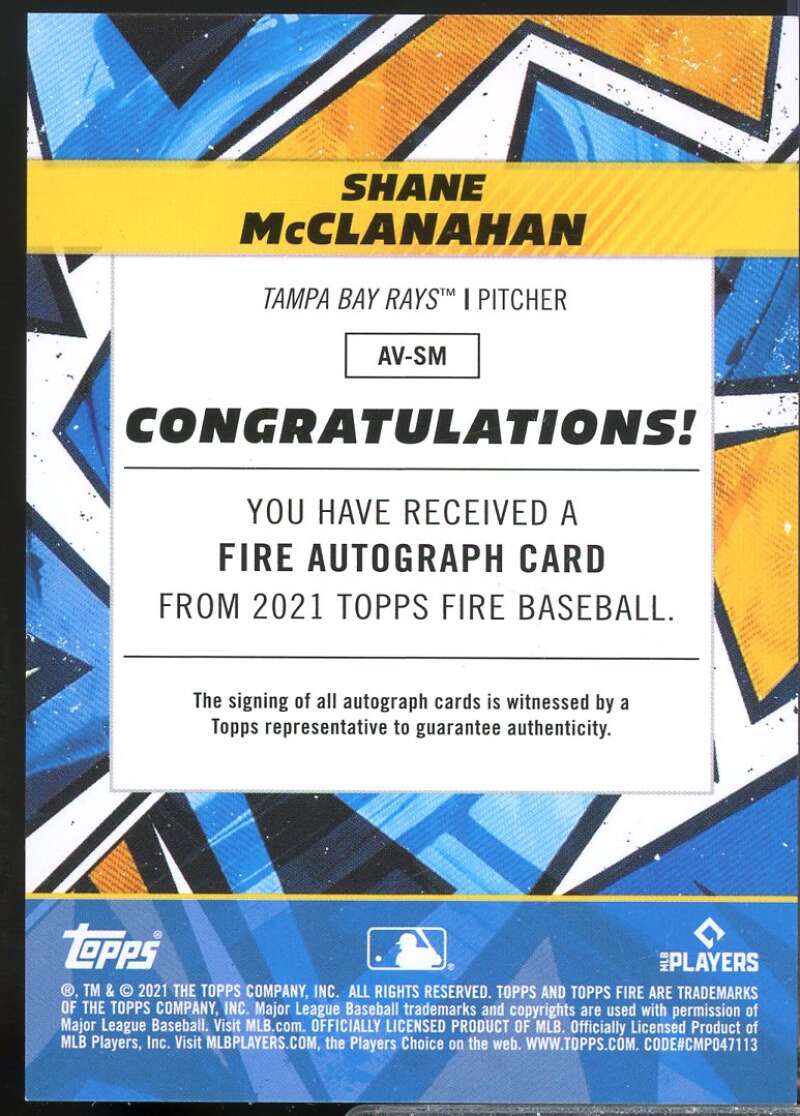 Shane McClanahan Rookie Card 2021 Topps Fire Autographs #AVSM  Image 2