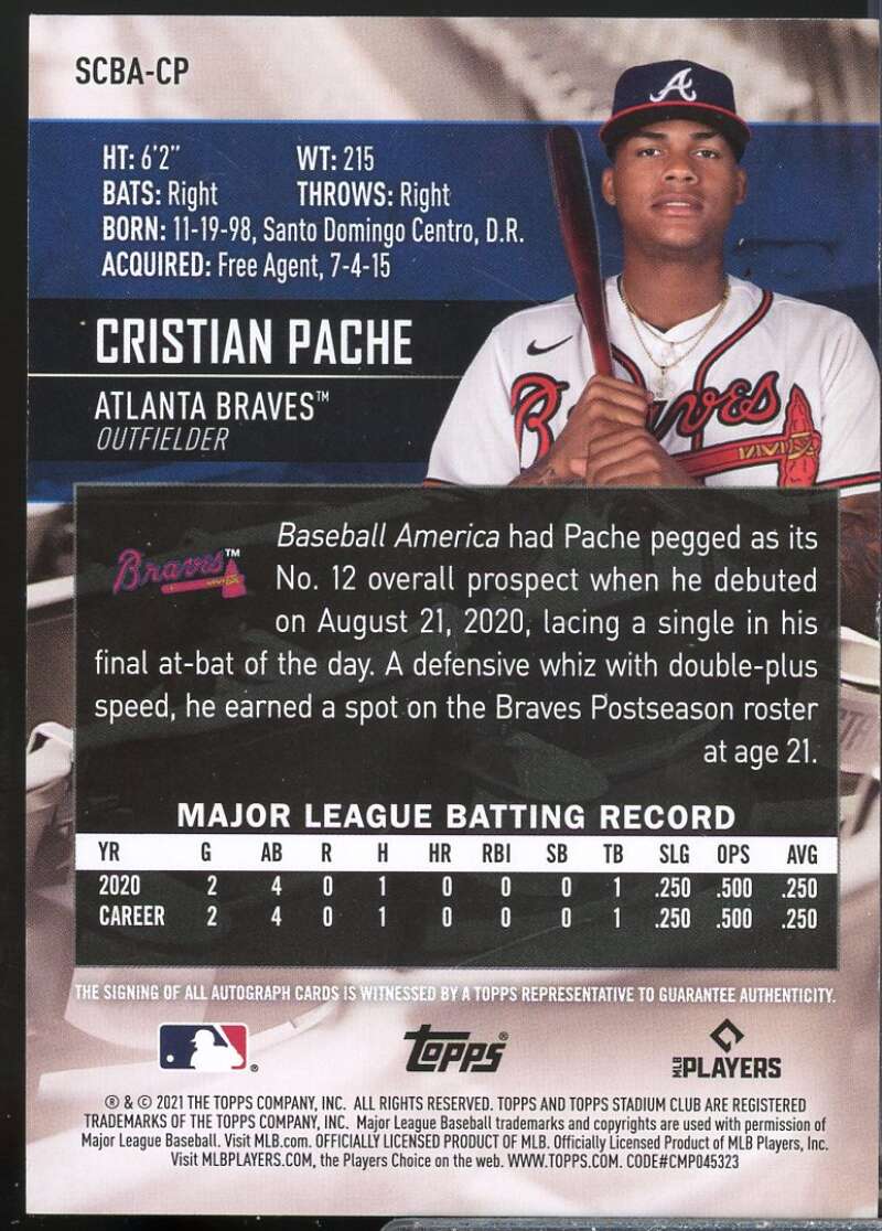 Cristian Pache Rookie Card 2021 Stadium Club Autographs #SCBACP  Image 2