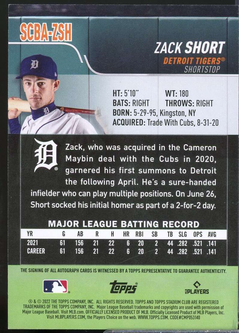 Zack Short Card 2022 Stadium Club Autographs #SCBAZSH  Image 2