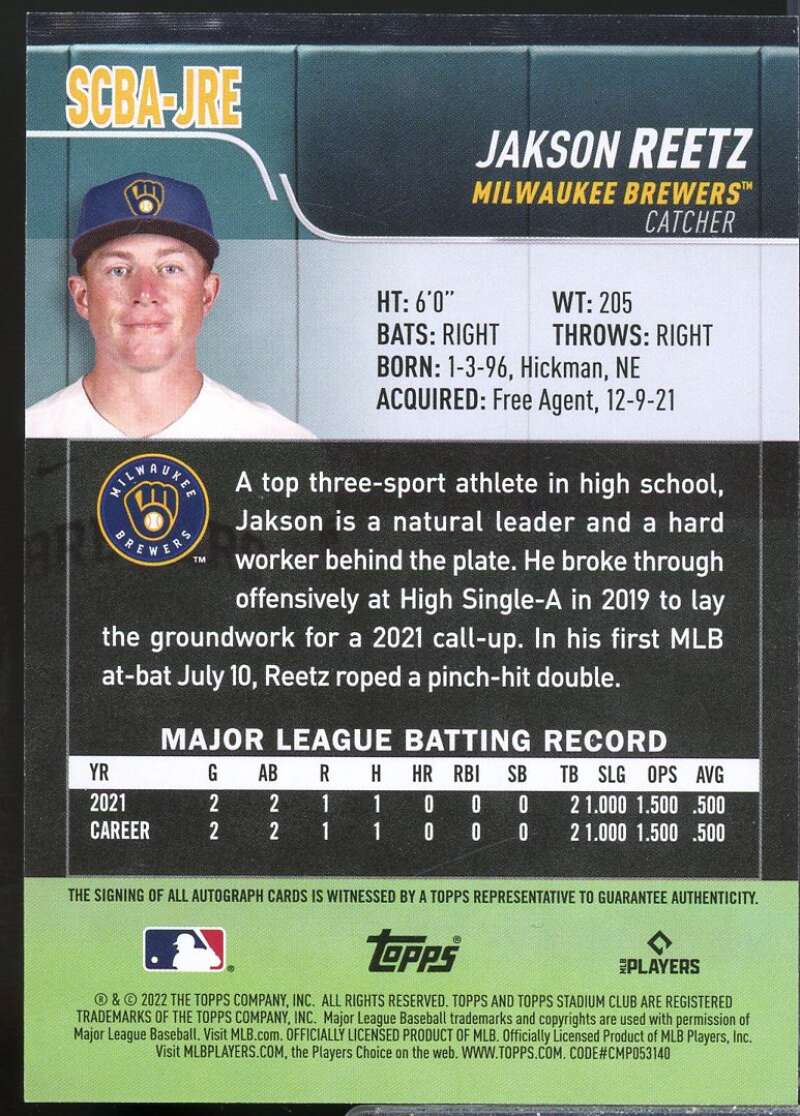 Jakson Reetz Card 2022 Stadium Club Autographs #SCBAJRE  Image 2