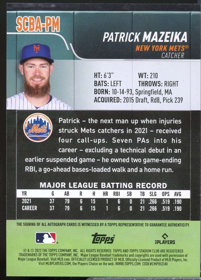 Patrick Mazeika Card 2022 Stadium Club Autographs #SCBAPM  Image 2