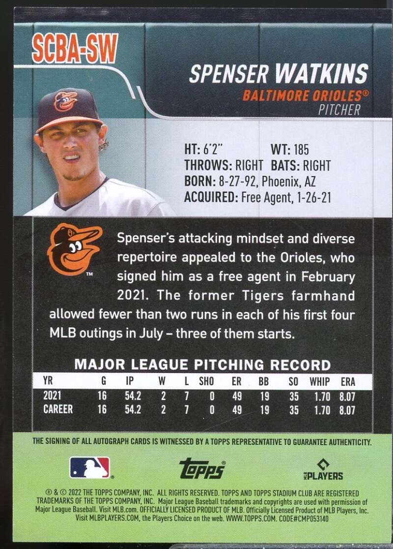 Spenser Watkins Card 2022 Stadium Club Autographs #SCBASW  Image 2