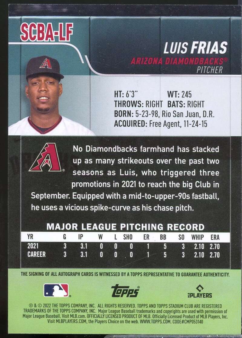 Luis Frias Card 2022 Stadium Club Autographs #SCBALF  Image 2