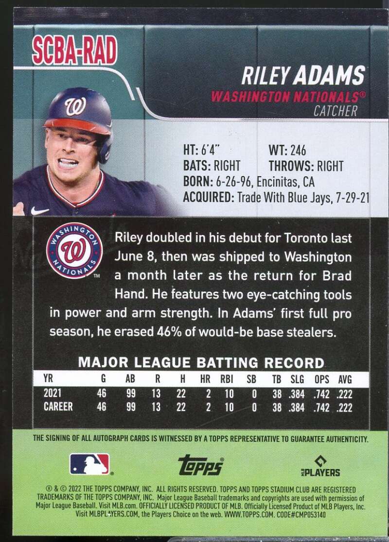 Riley Adams Card 2022 Stadium Club Autographs #SCBARAD  Image 2
