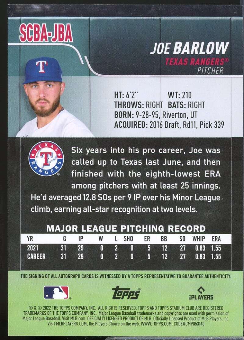 Joe Barlow Card 2022 Stadium Club Autographs #SCBAJBA  Image 2