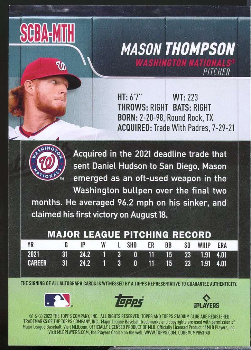 Mason Thompson Card 2022 Stadium Club Autographs #SCBAMTH  Image 2