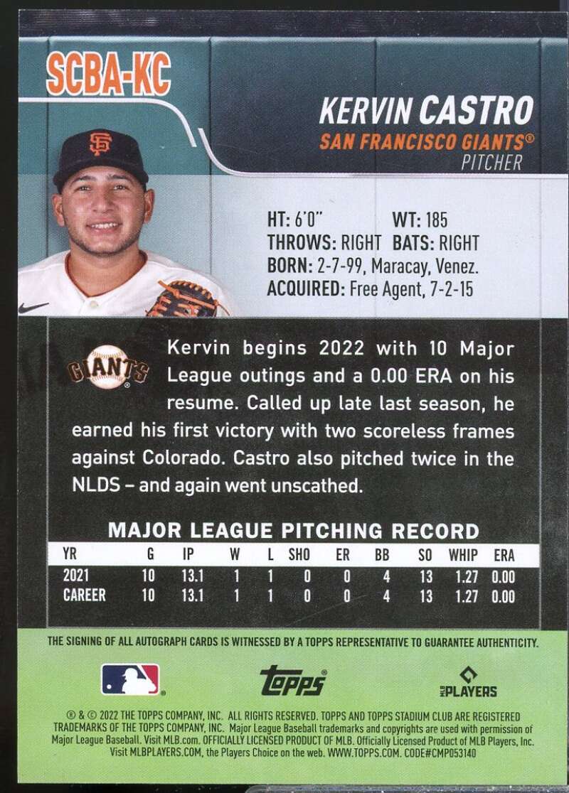 Kervin Castro Card 2022 Stadium Club Autographs #SCBAKC  Image 2