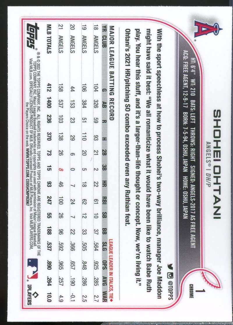 Shohei Ohtani Card 2022 Topps Chrome #1  Image 2