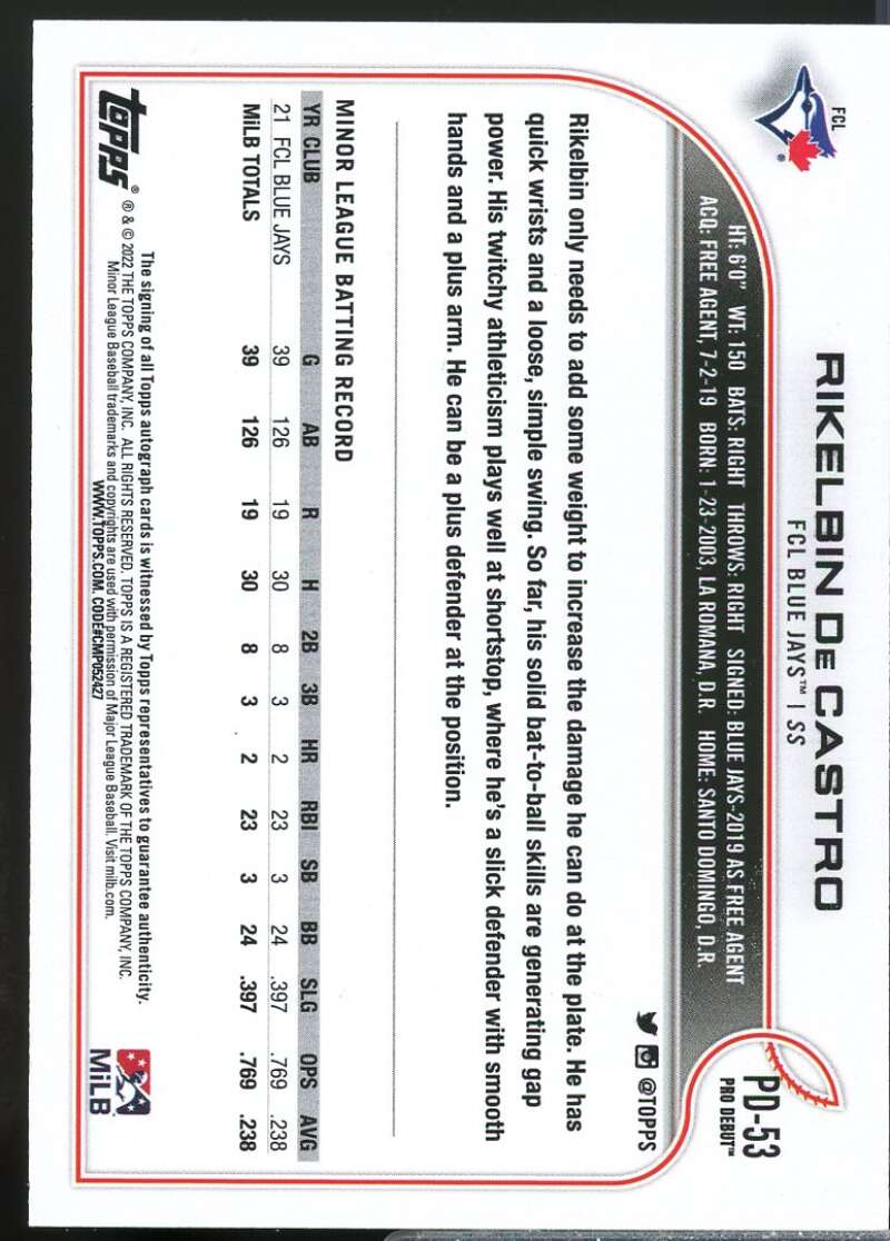 Rikelbin De Castro Card 2022 Topps Pro Debut Autographs #PD53  Image 2