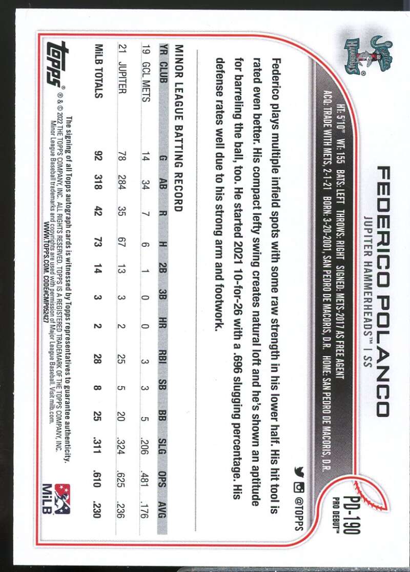 Federico Polanco Card 2022 Topps Pro Debut Autographs #PD190  Image 2