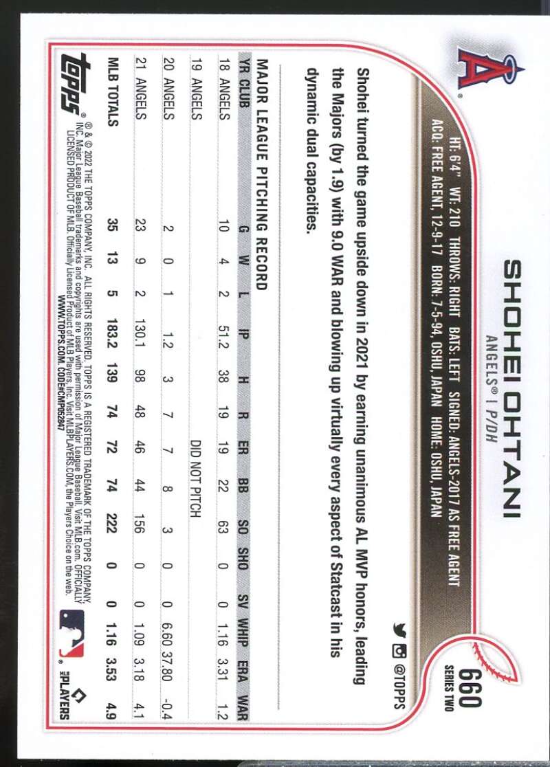 Shohei Ohtani Card 2022 Topps #660  Image 2