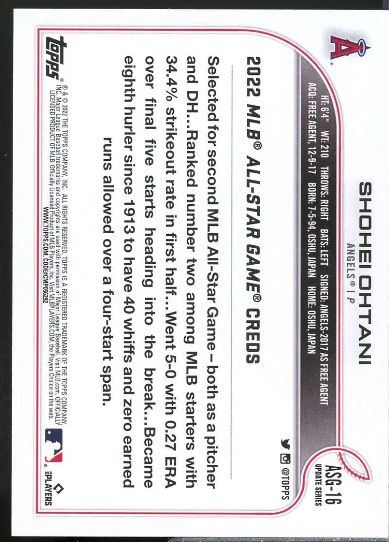 Shohei Ohtani Card 2022 Topps Update '22 All Star Game #ASG16  Image 2