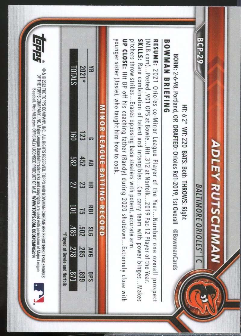 Adley Rutschman Card 2022 Bowman Chrome Mega Box Prospects #BCP29  Image 2