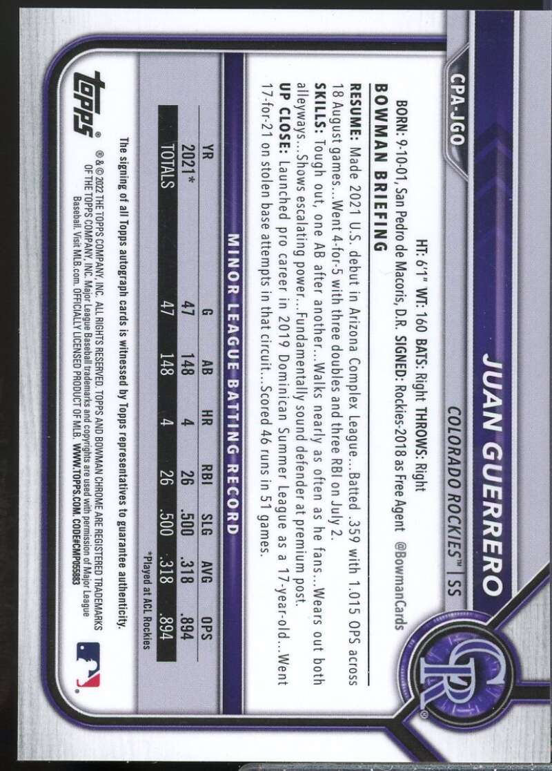 Juan Guerrero Card 2022 Bowman Chrome Prospect Autographs #CPAJGO  Image 2