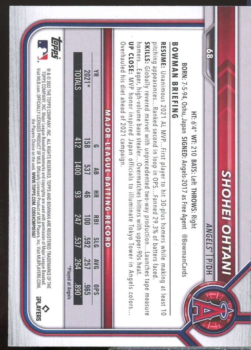 Shohei Ohtani Card 2022 Bowman #68  Image 2