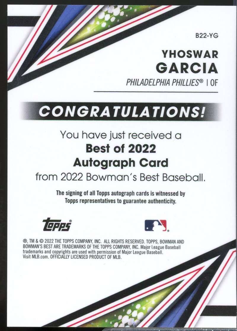 Yhoswar Garcia Card 2022 Bowman's Best Best of '22 Autographs #B22YG  Image 2