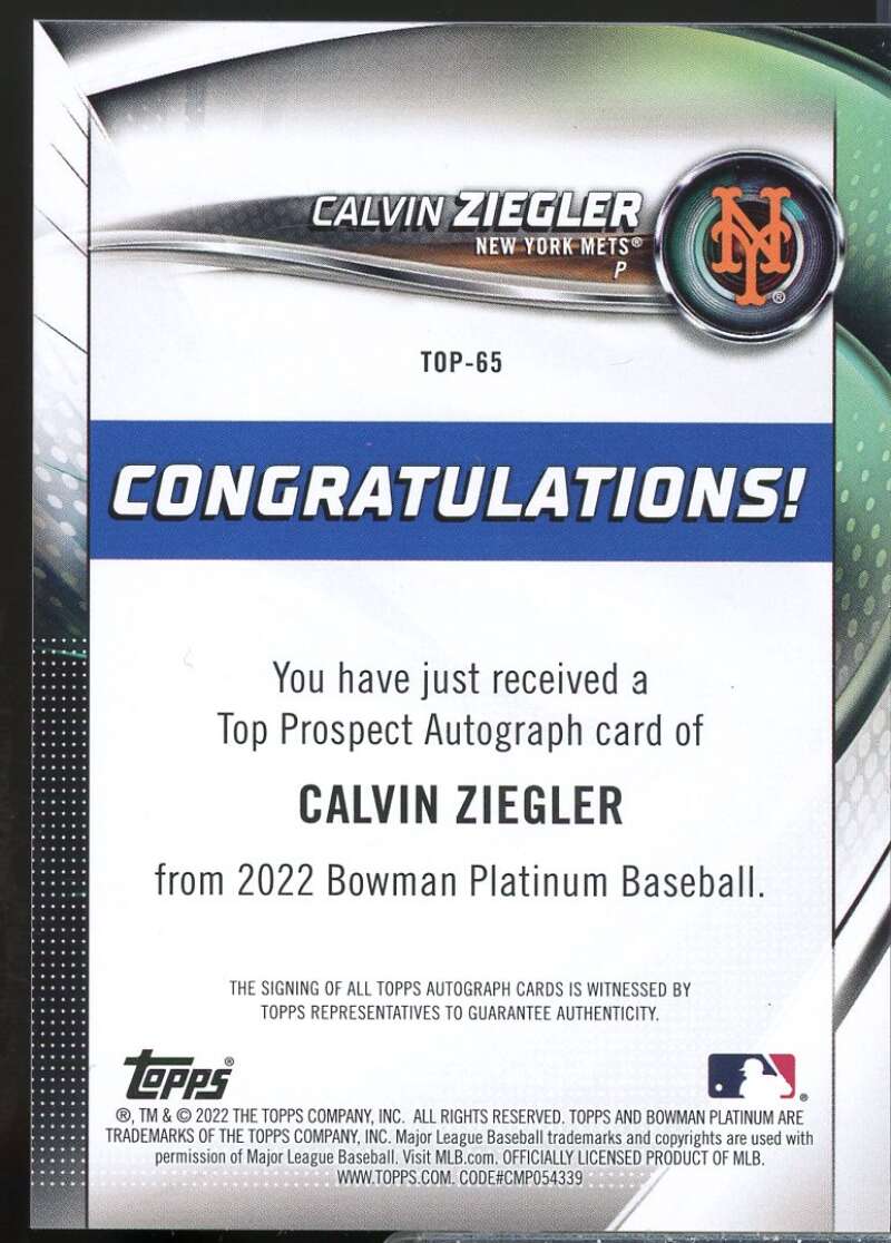 Calvin Ziegler Card 2022 Bowman Platinum Top Prospects Autographs #TOP65  Image 2