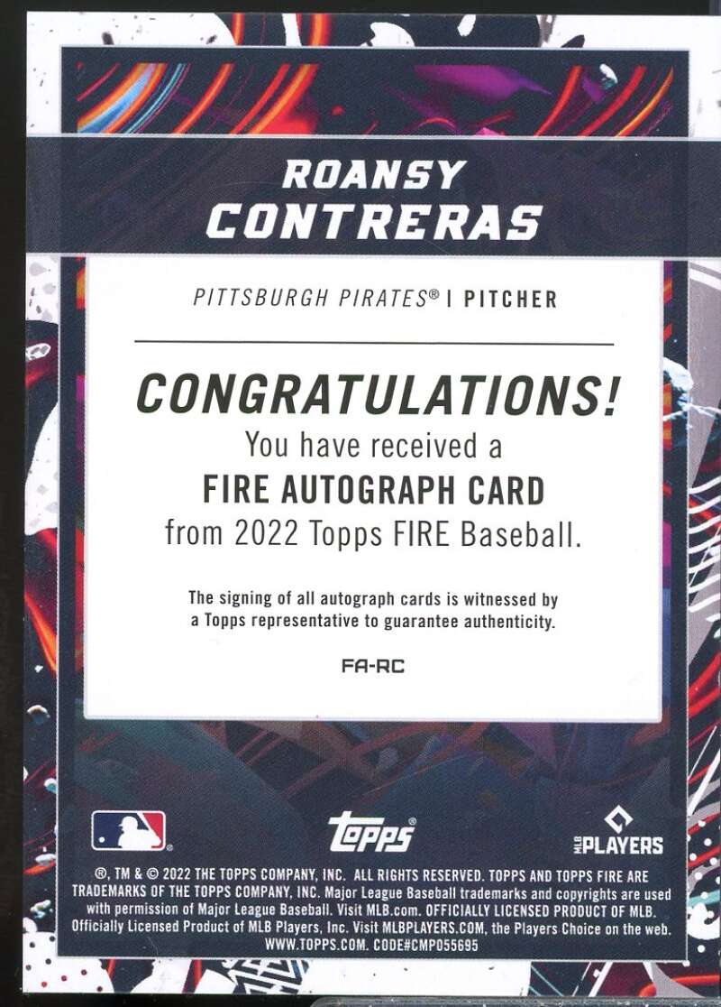 Roansy Contreras Card 2022 Topps Fire Autographs #FARC  Image 2