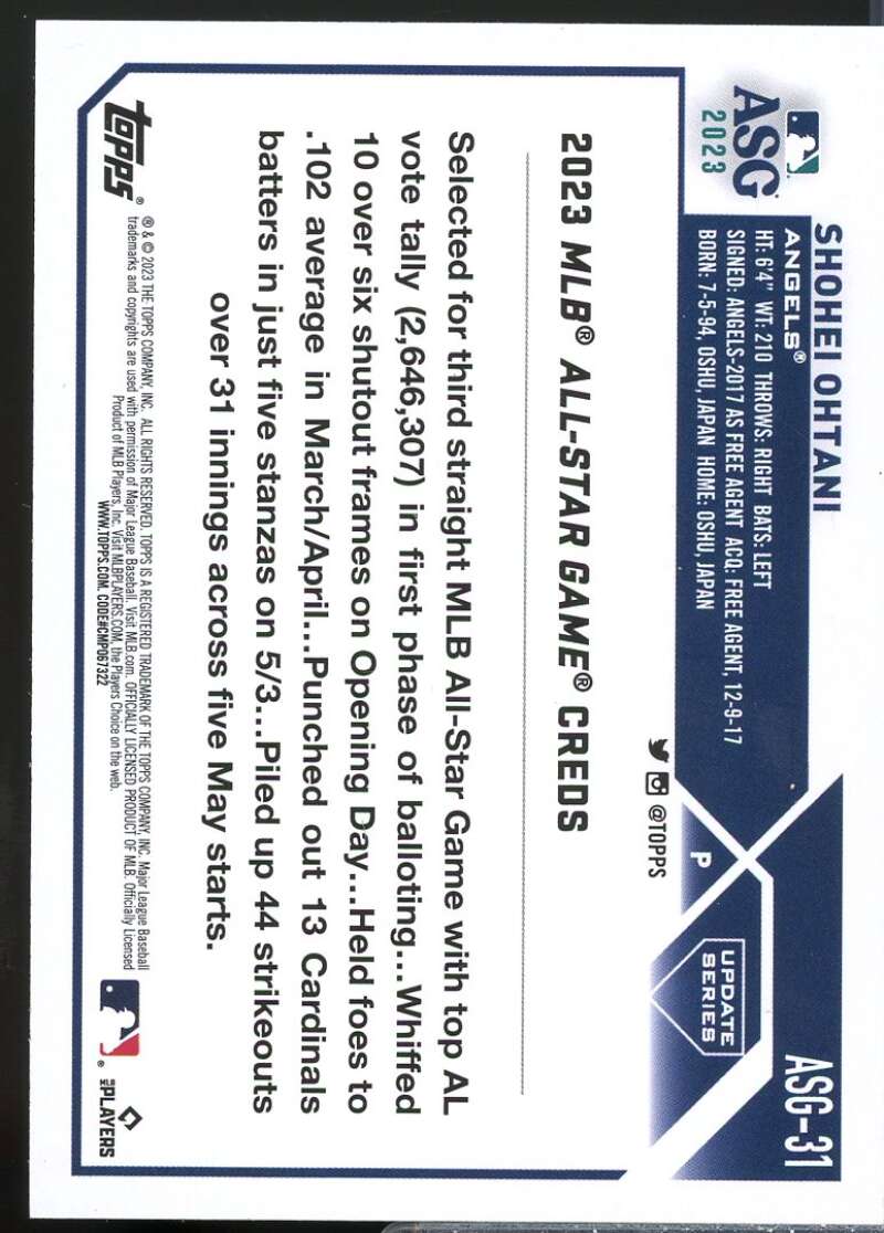 Shohei Ohtani Card 2023 Topps Update '23 All-Star Game #ASG31  Image 2