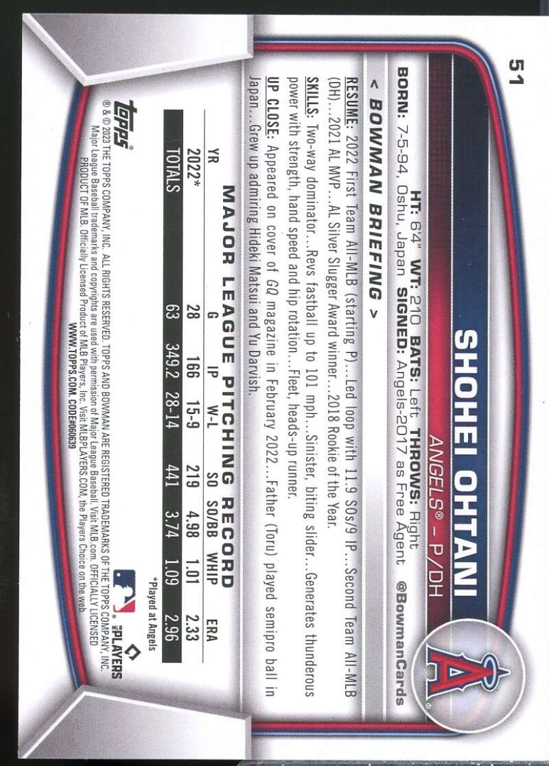 Shohei Ohtani Card 2023 Bowman #51  Image 2