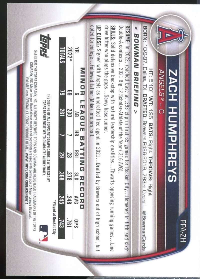 Zach Humphreys Card 2023 Bowman Prospect Autographs #PPAZH  Image 2