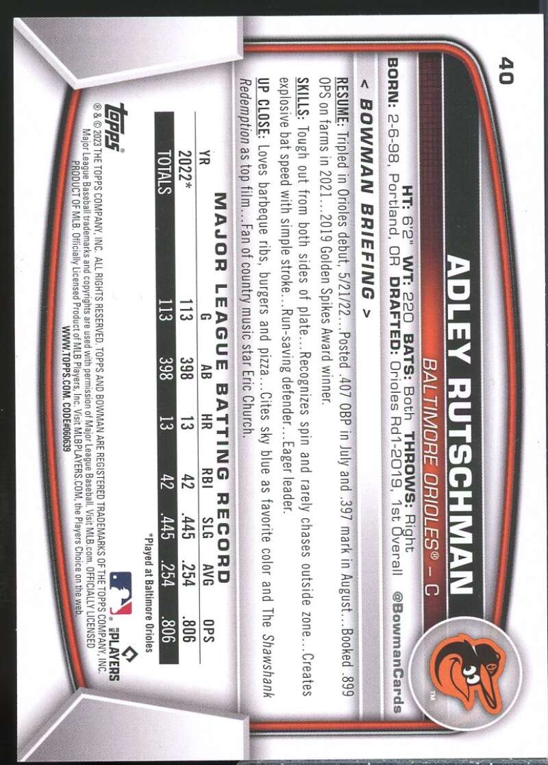 Adley Rutschman Rookie Card 2023 Bowman #40  Image 2