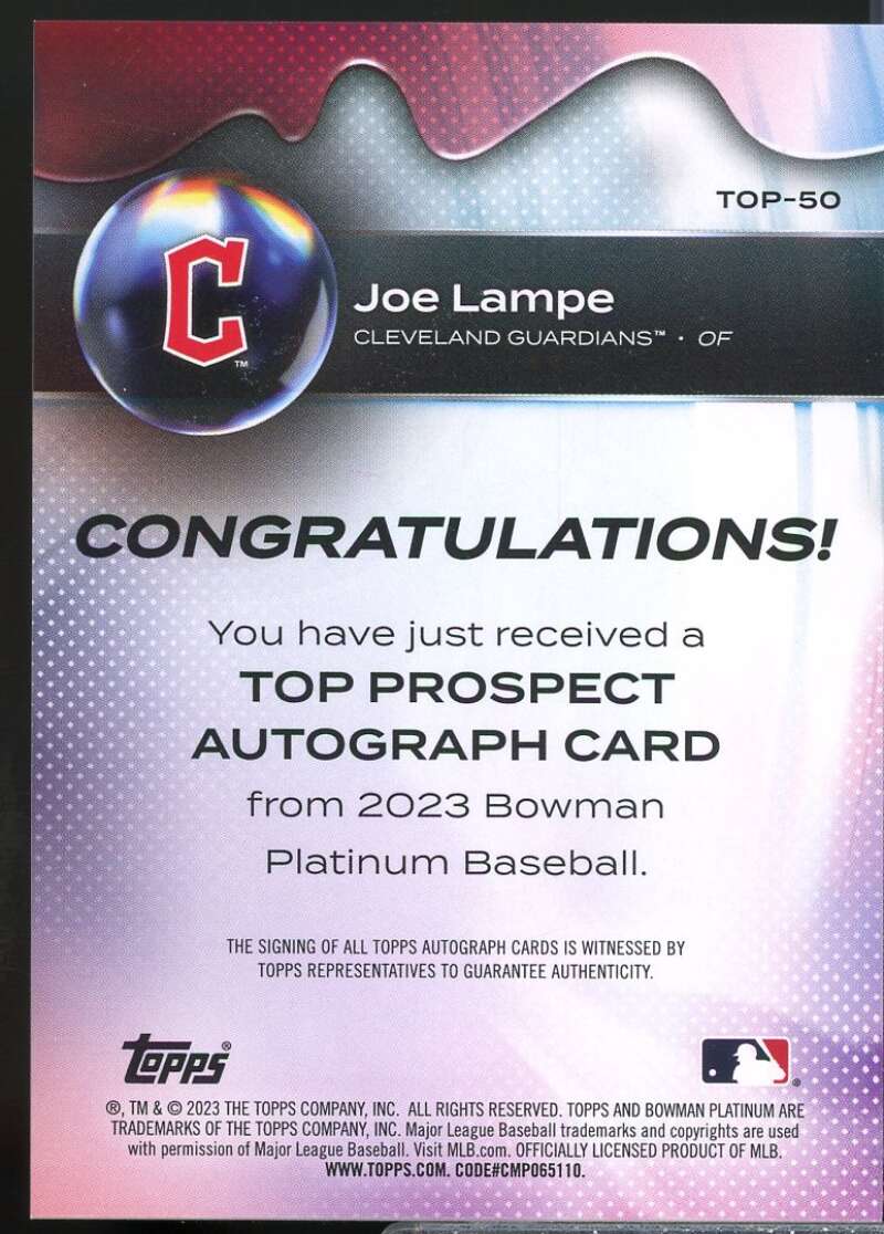 Joe Lampe Card 2023 Bowman Platinum Top Prospects Autographs #TOP50  Image 2