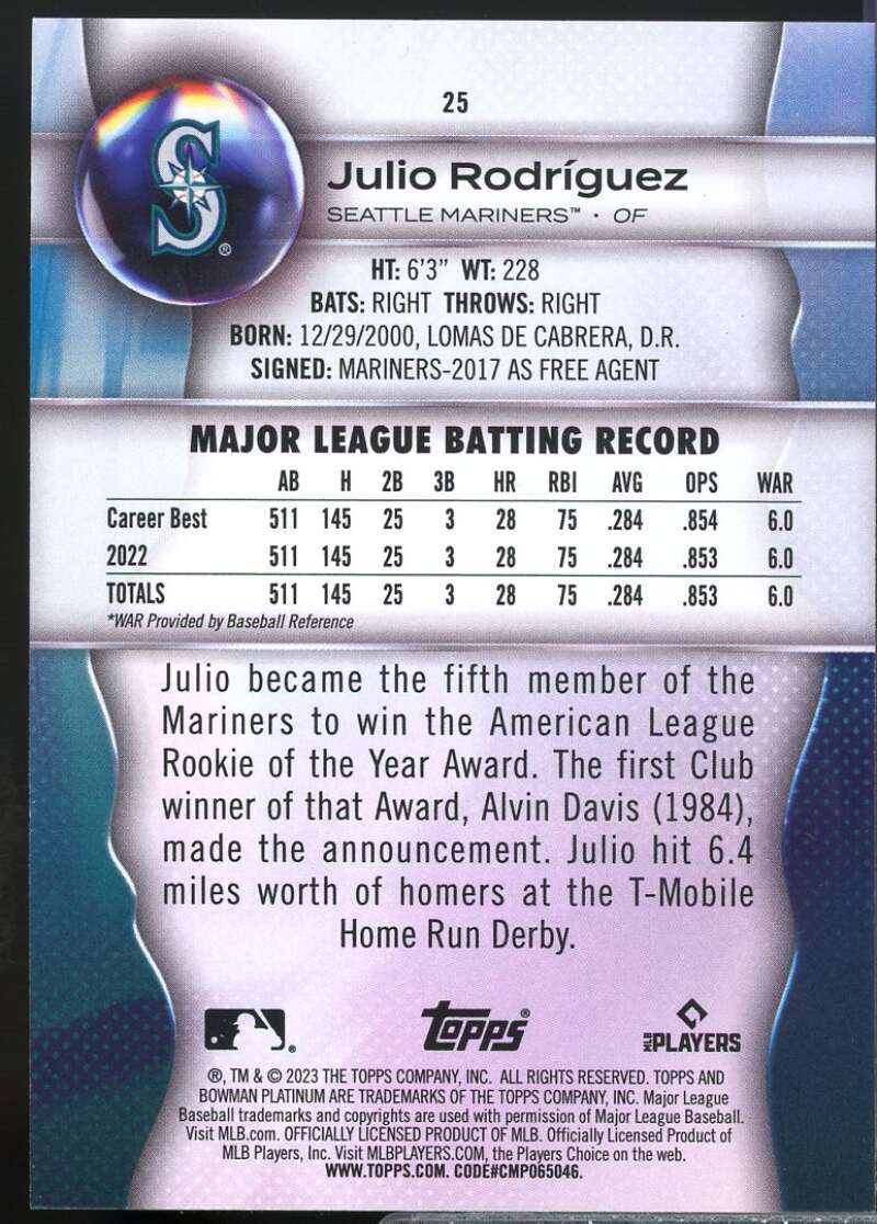 Julio Rodriguez Card 2023 Bowman Platinum Ice Foil #25  Image 2