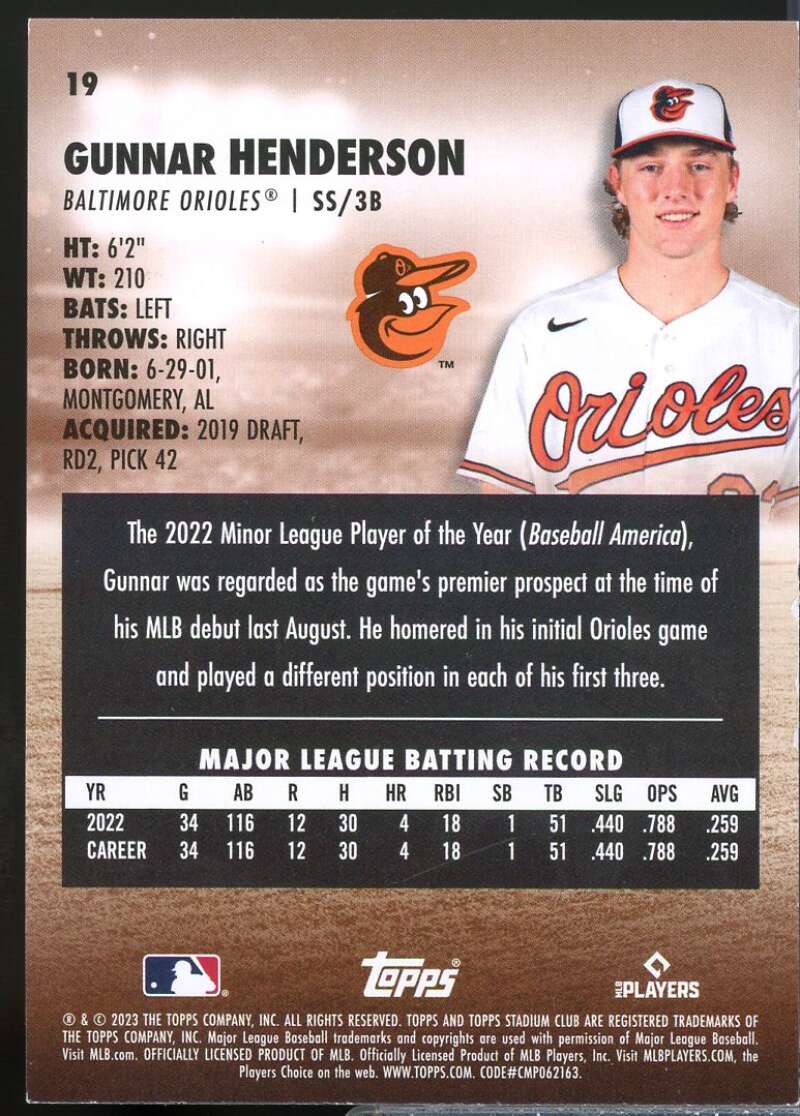 Gunnar Henderson Rookie Card 2023 Stadium Club #19  Image 2