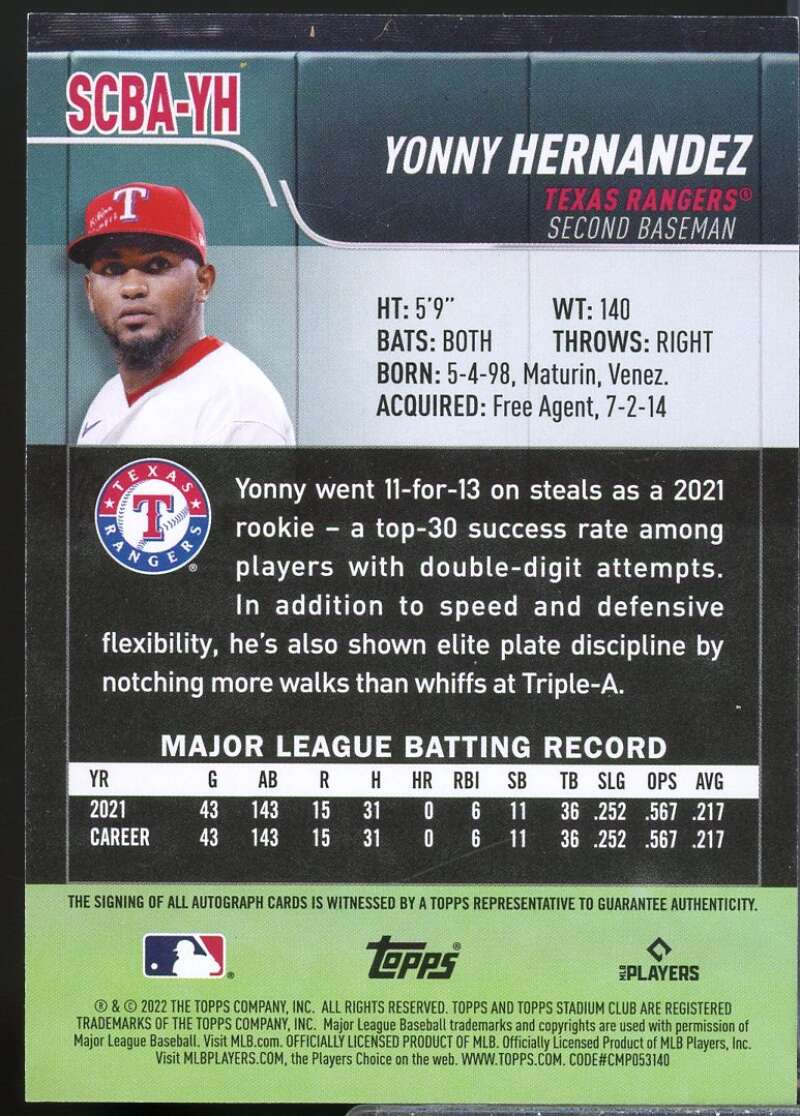 Yonny Hernandez Card 2022 Stadium Club Autographs #SCBAYH  Image 2