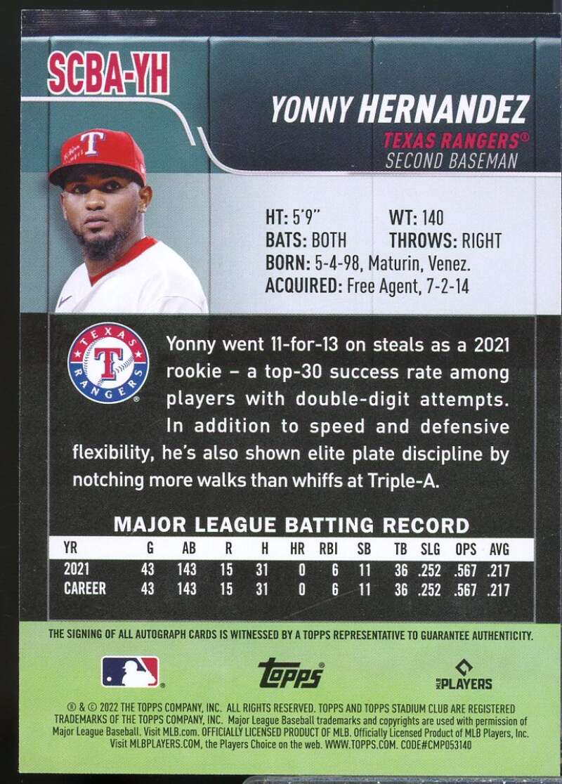 Yonny Hernandez Card 2022 Stadium Club Autographs #SCBAYH  Image 2
