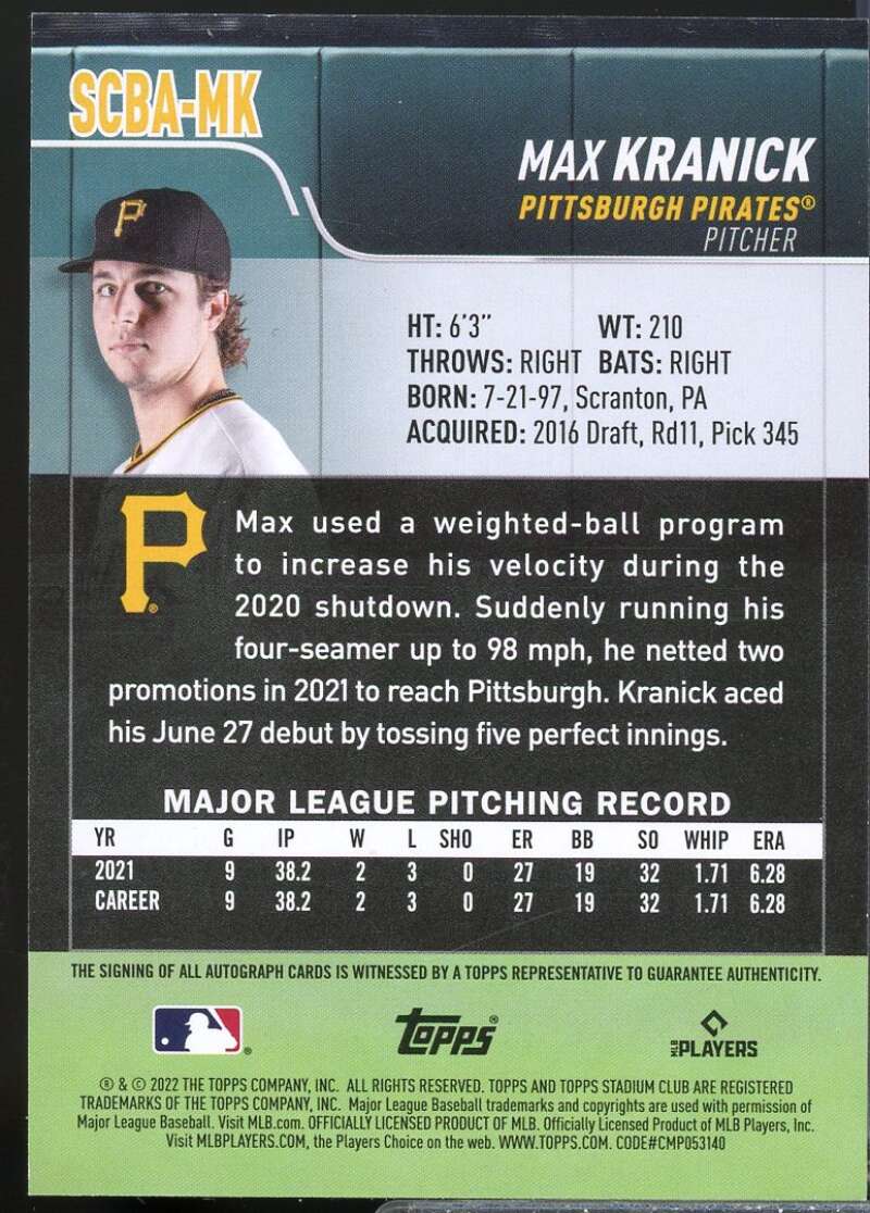 Max Kranick Card 2022 Stadium Club Autographs #SCBAMK  Image 2