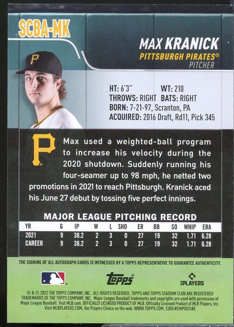 Max Kranick Card 2022 Stadium Club Autographs #SCBAMK  Image 2
